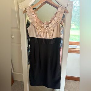 LONDON TIMES Colorblock Ruffled Neckline Banded Waist Dress Black Blush Pocket 6